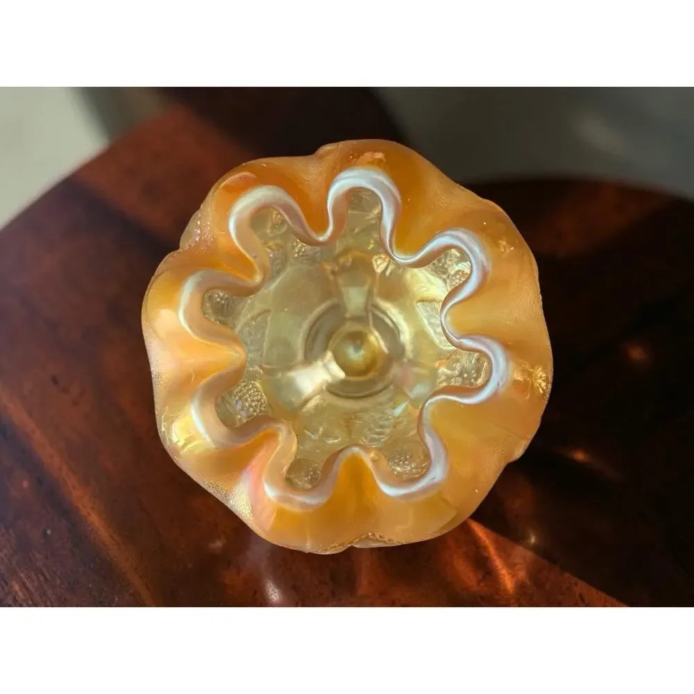 Vintage Northwood Daisy Plume Marigold Orange Carnival Glass Ruffled Rim Bowl
